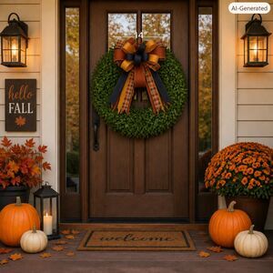 Autumn Farmhouse Wreath Bow with Burnt Orange Plaid Bow Handmade Seasonal Accent
